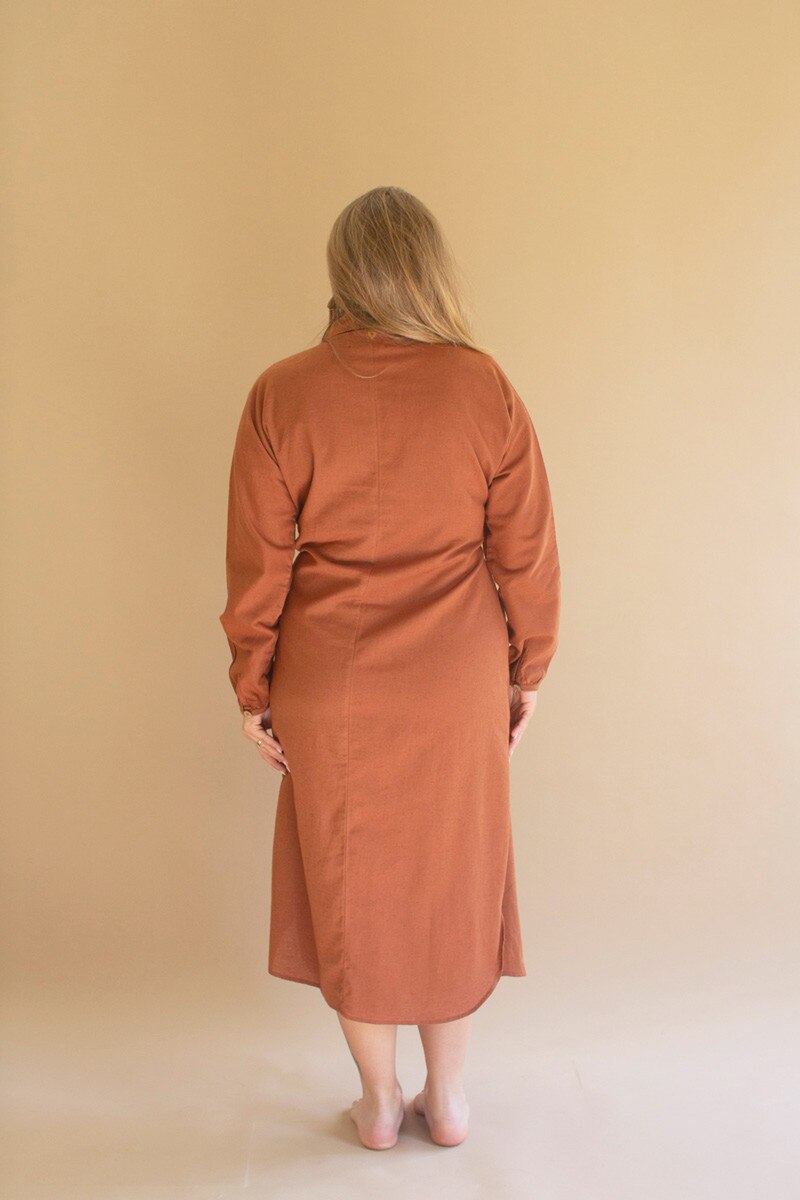 Cinnamon Long-Sleeve Button-Front Dress with Front-Tie Detail