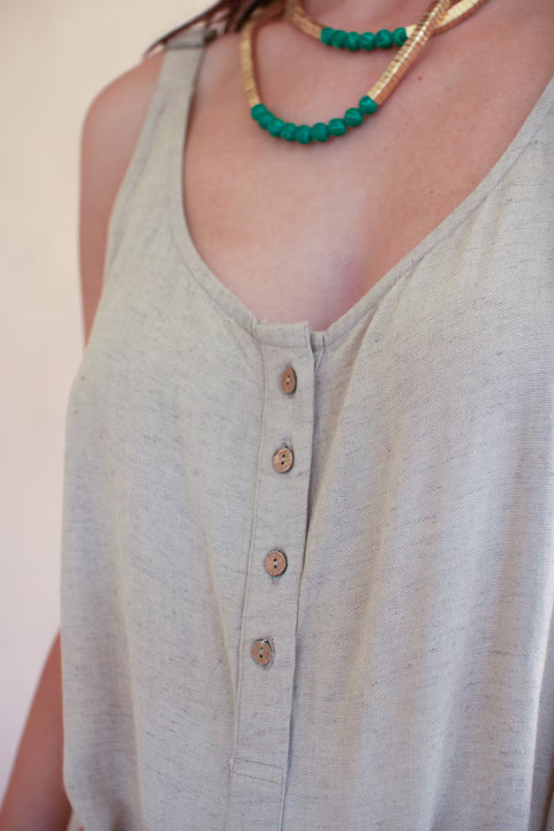 Oatmeal Adjustable-Strap Short Jumper with Front Pockets