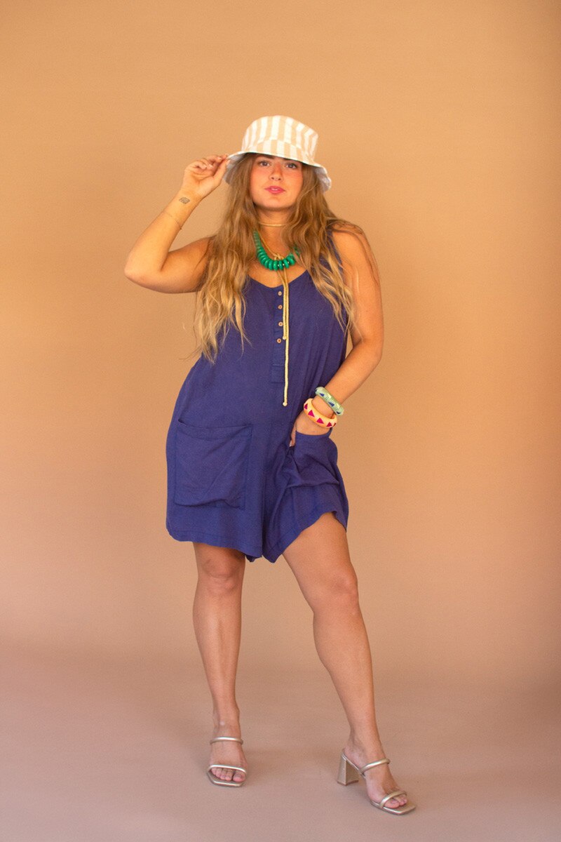 Blueberry Adjustable-Strap Short Jumper with Front Pockets