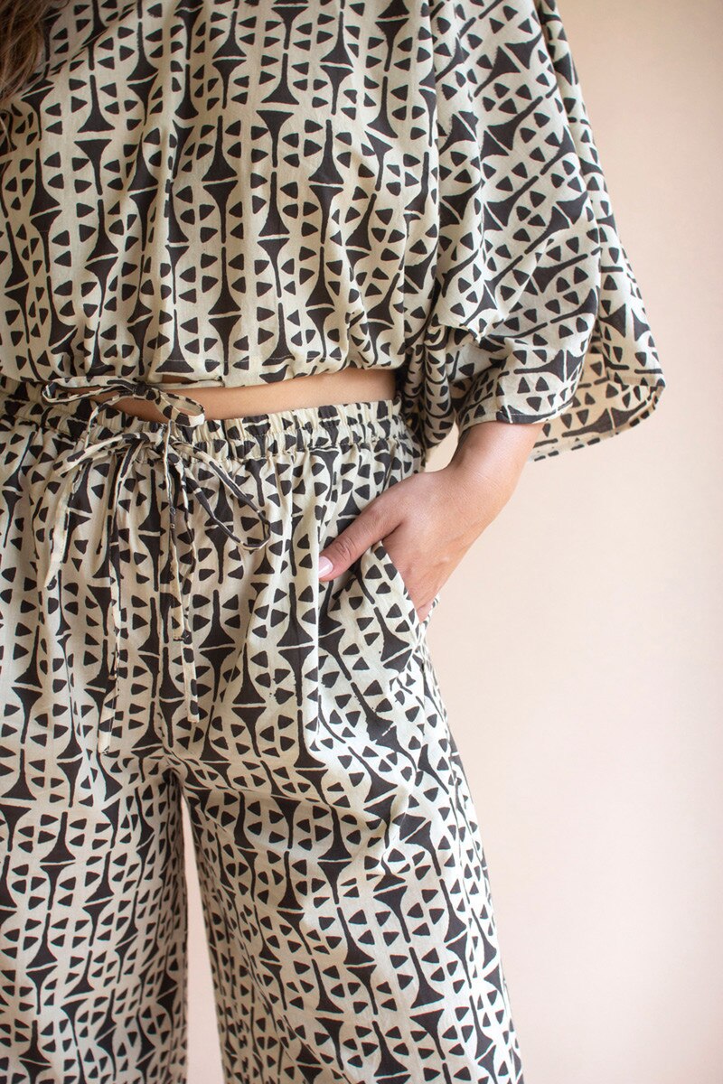 Printed V-Neck Blouse and Drawstring Pant Set