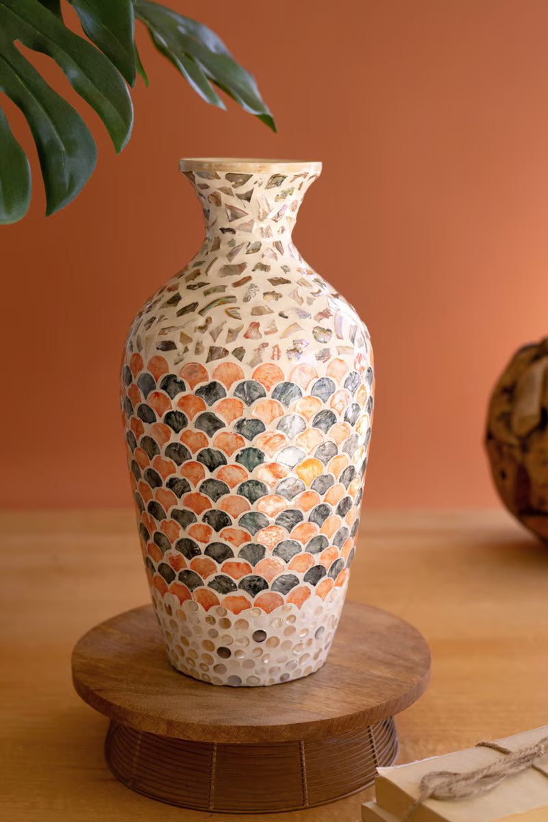 Spun Bamboo Vase with Multi-Color Capiz Shell Detail