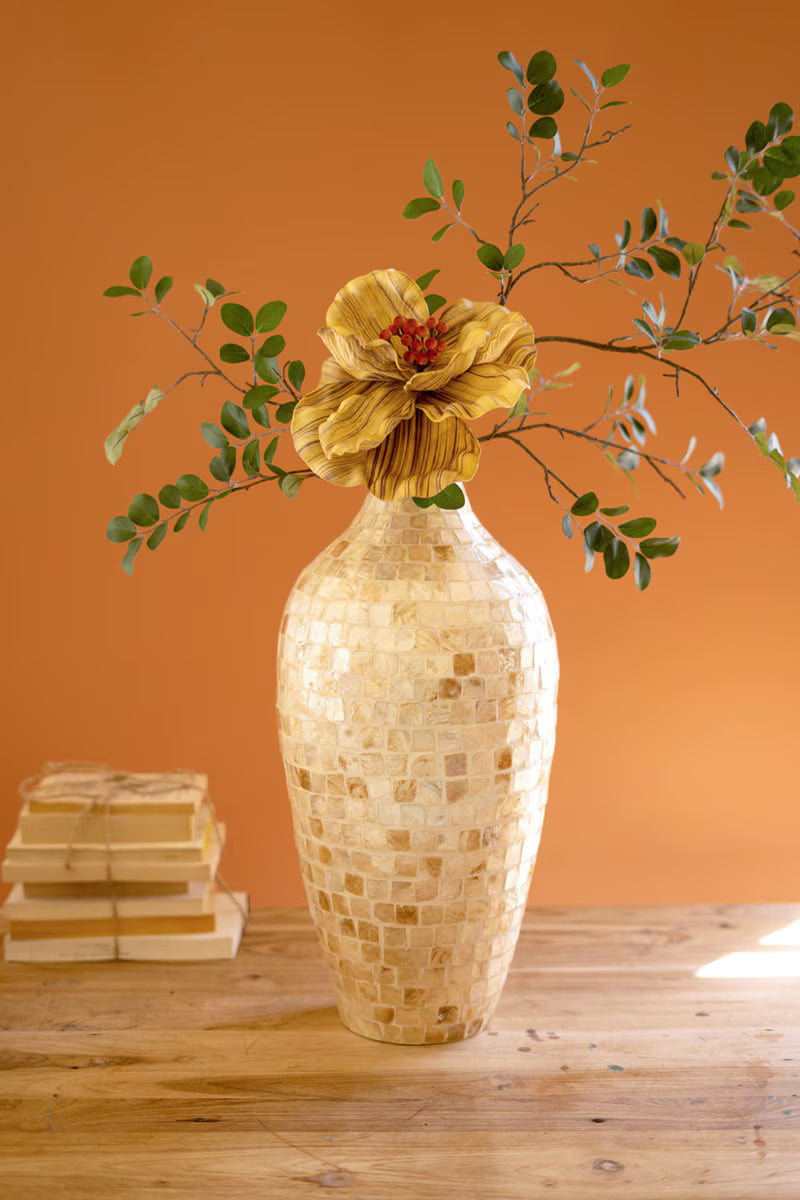 Tall Spun Bamboo Vase with Neutral Capiz Shell Detail