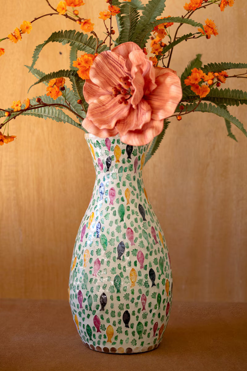Tall Spun Bamboo Vase with Capiz Shell Fish Detail