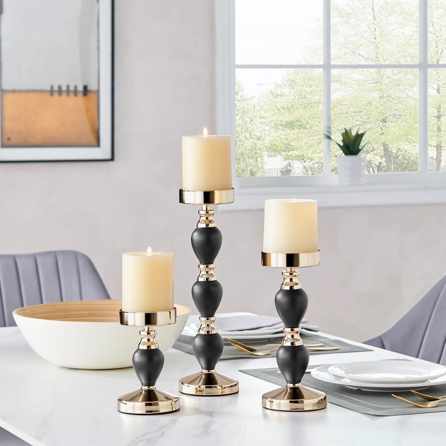 Talia Black And Gold Candlestick Taper Candle Holders - Set of 3