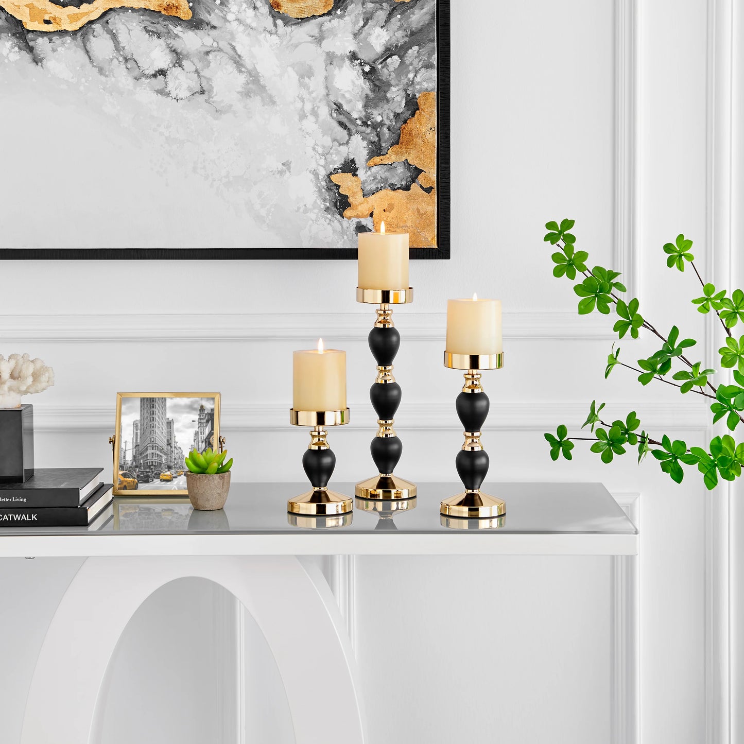 Talia Black And Gold Candlestick Taper Candle Holders - Set of 3