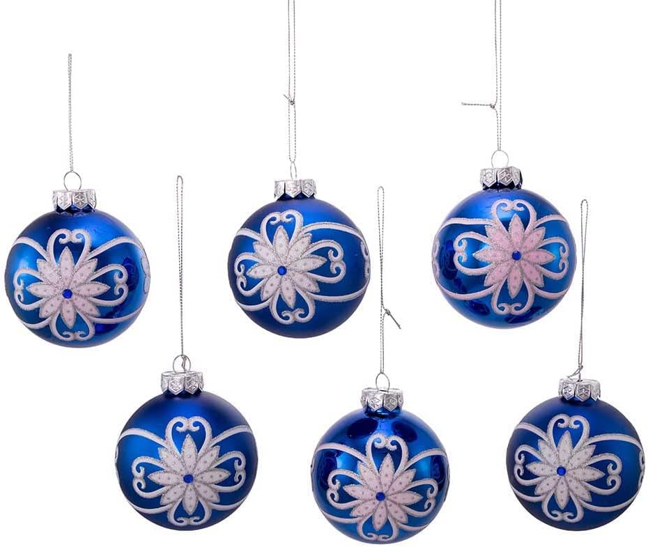 Shiny And Matte Blue Flowers Glass Ball- 6 Piece Boxed Ornament