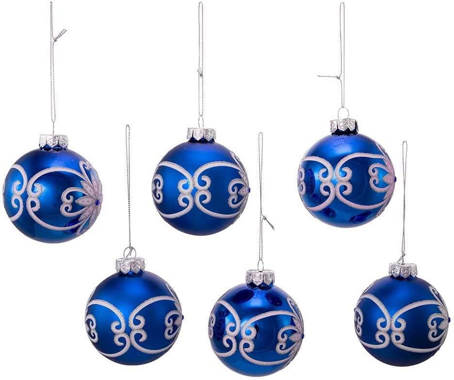 Shiny And Matte Blue Flowers Glass Ball- 6 Piece Boxed Ornament