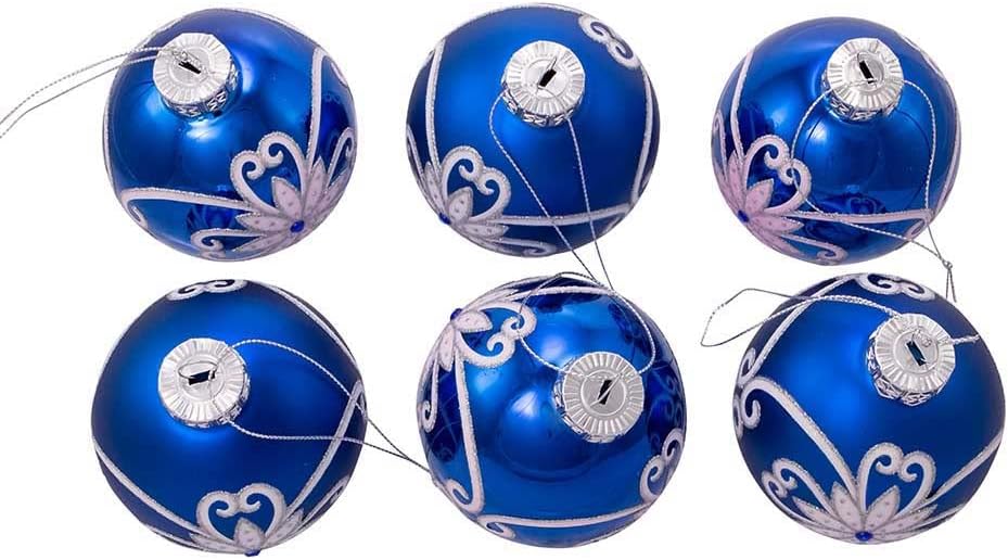 Shiny And Matte Blue Flowers Glass Ball- 6 Piece Boxed Ornament