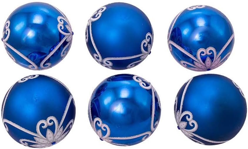 Shiny And Matte Blue Flowers Glass Ball- 6 Piece Boxed Ornament