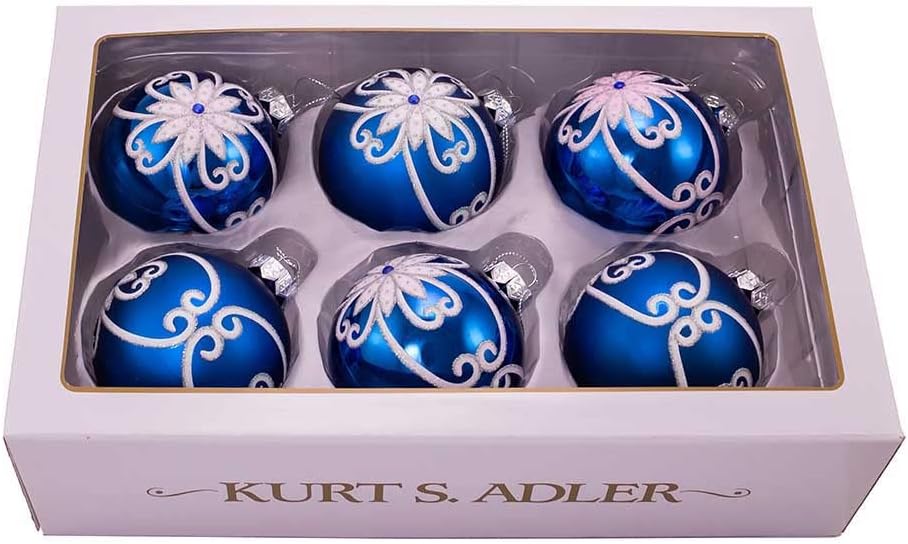 Shiny And Matte Blue Flowers Glass Ball- 6 Piece Boxed Ornament