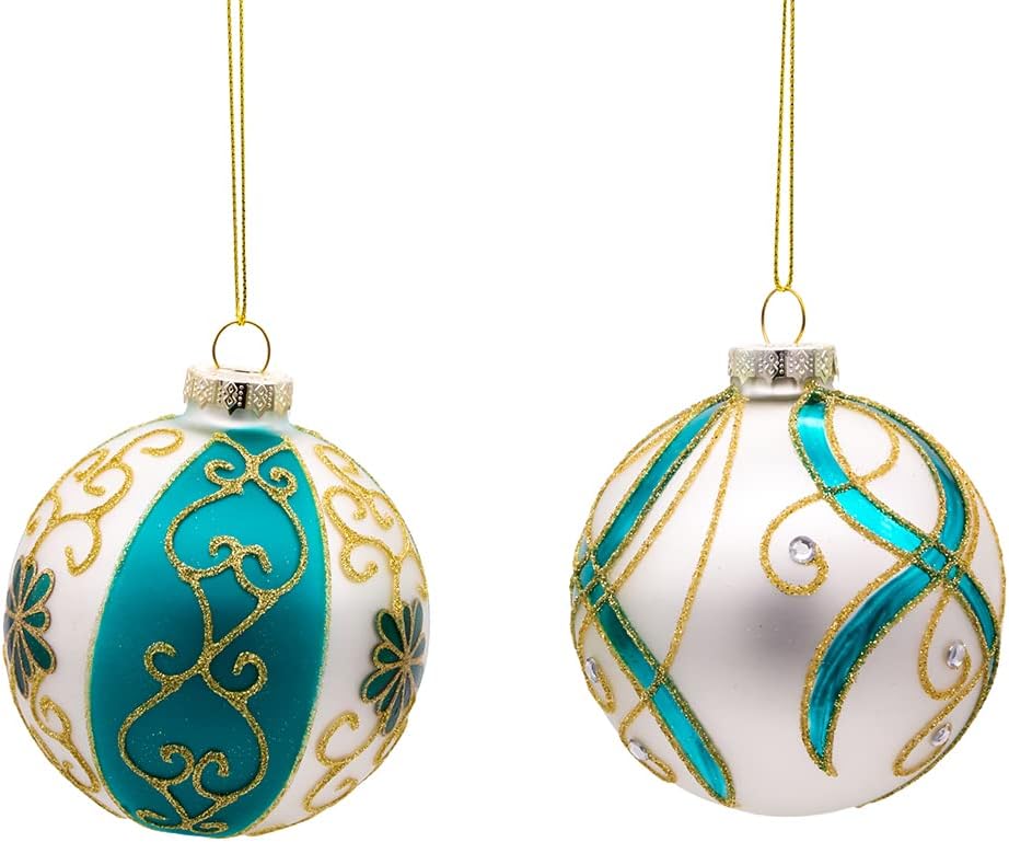 Dark Teal And White Embellished Ball- 6 Piece Ornament Set