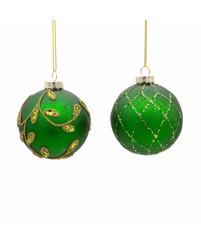80MM Glass Gold And Emerald Green Embellished Ball Ornaments, 6-Piece Box