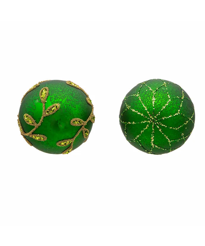 80MM Glass Gold And Emerald Green Embellished Ball Ornaments, 6-Piece Box