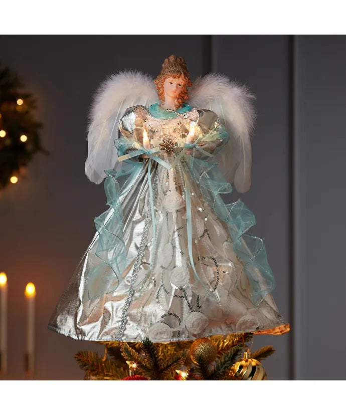 16" UL 10-Light Silver And Blue Angel Treetop