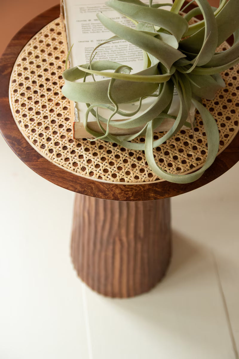 Round Wooden Side Table with Woven Cane Top
