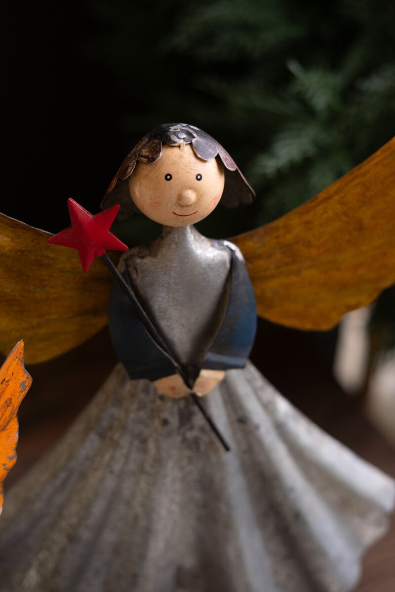 Set of 2 Recycled Metal Angels on Wooden Bases