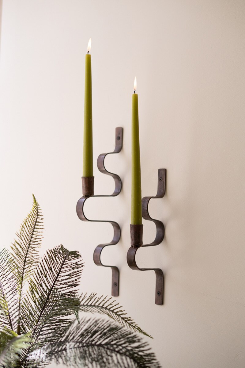 Set of 2 Forged-Iron Wavy Metal Taper Candle Wall Sconces