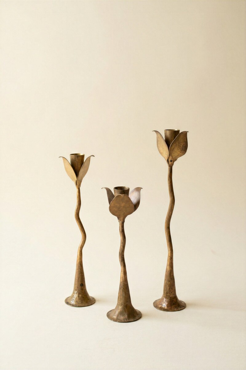 Set of 3 Forged-Iron Leaves Taper Candle Holders
