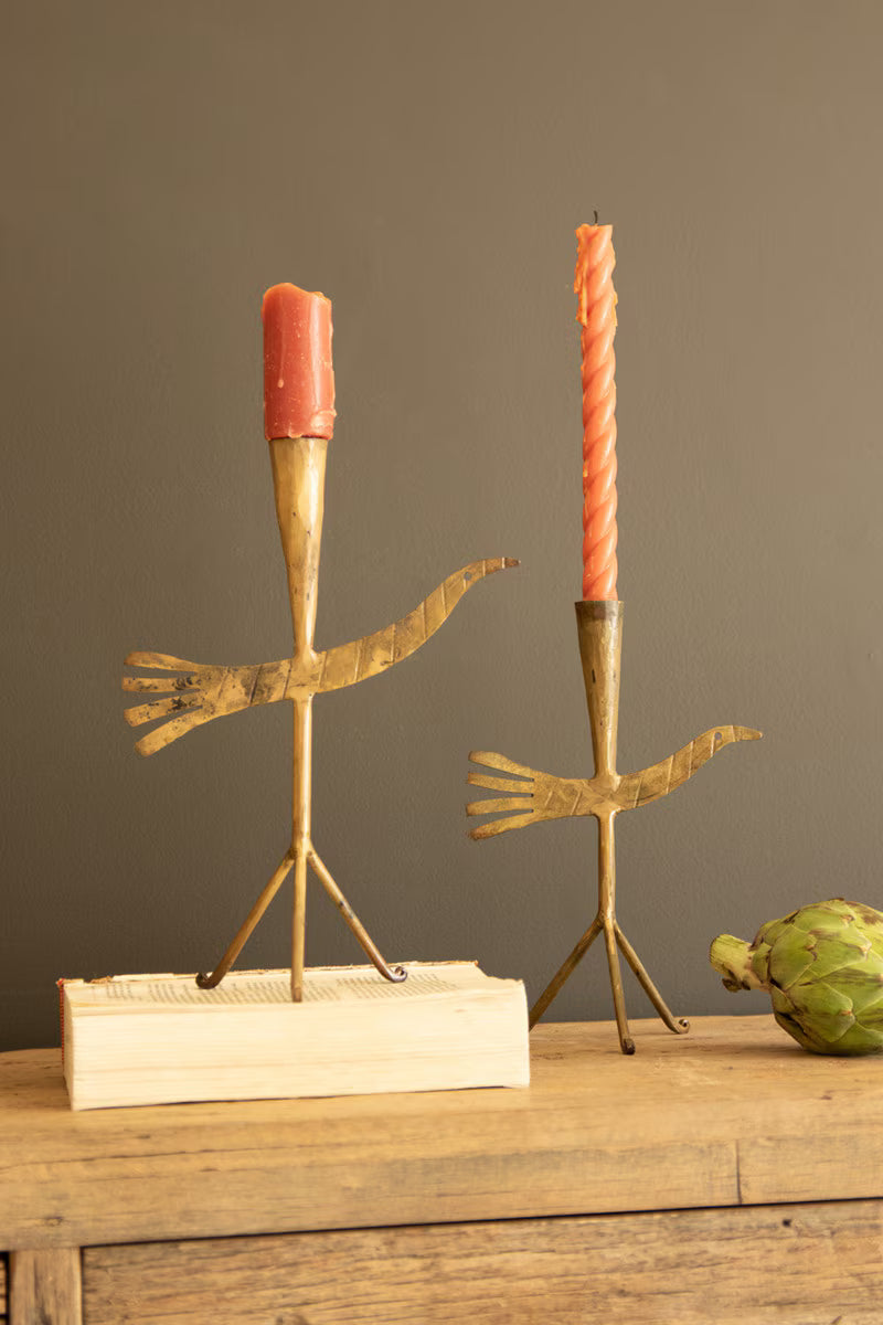 Set of 2 Forged-Iron Antique Gold Bird Taper Candle Holders
