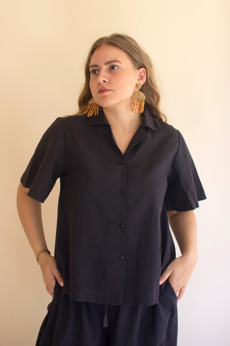 Midnight Short-Sleeve Button-Front Blouse with Collar
