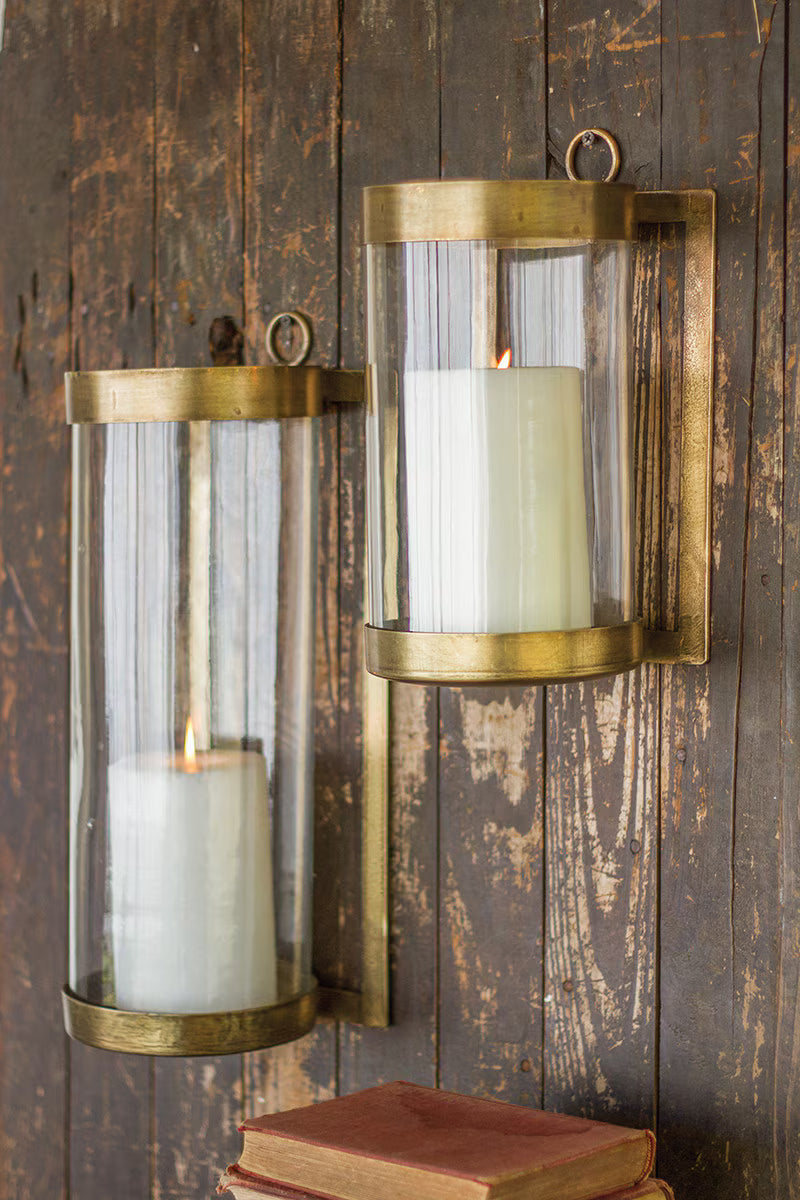 Small Glass and Antique Brass Finish Wall Mounted Hurricane