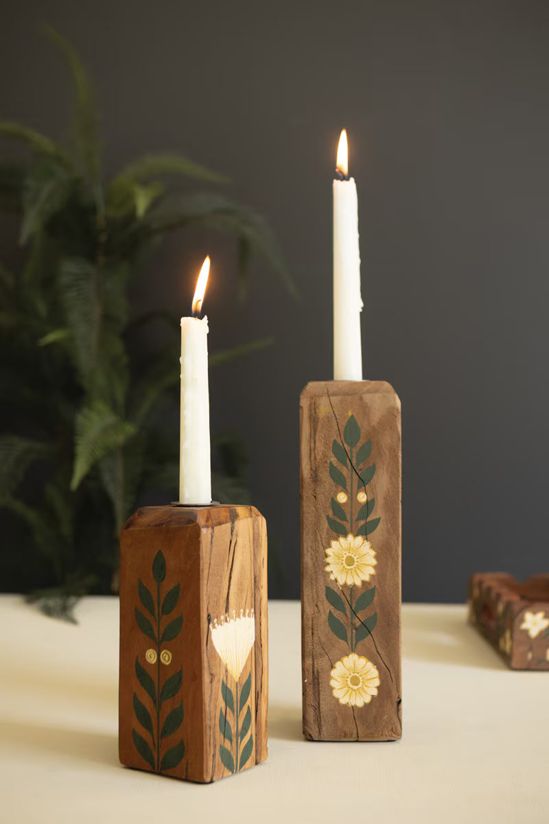 Set of 2 Hand-Painted Recycled Wood Taper Candle Holders