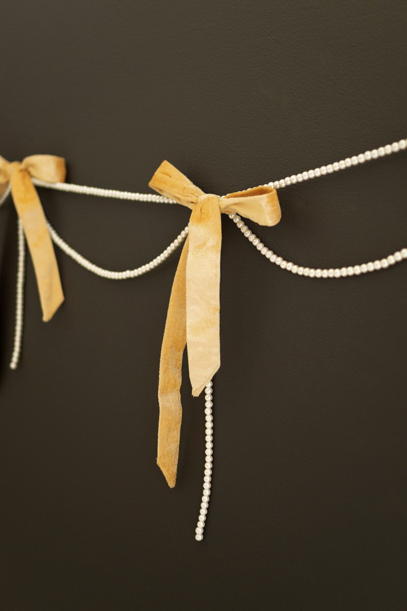 Gold Velvet Bow Garland with Faux Pearl Swag