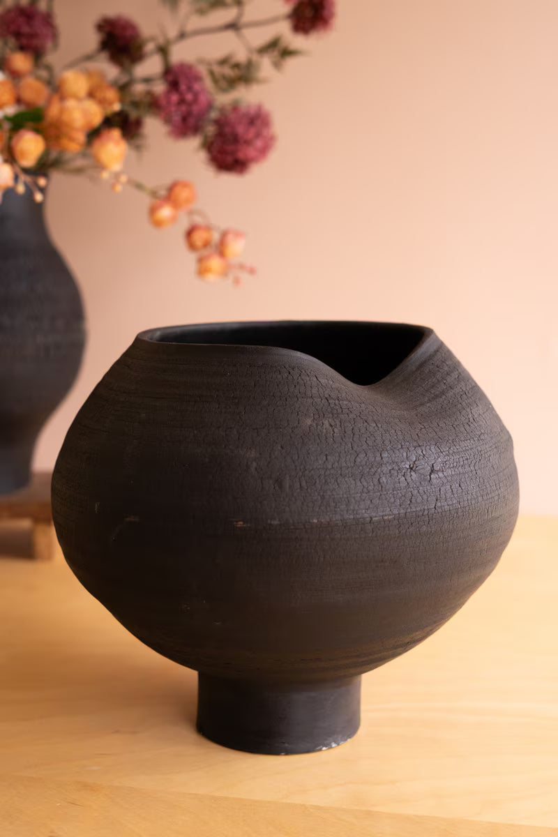 Set of 2 Black Clay Vases with Crackle Detail