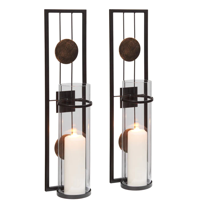 Danya B. 20 in. Modern Floating Decorative Metal Medallion Pillar Candle Sconces – Wall Mount – Set of 2