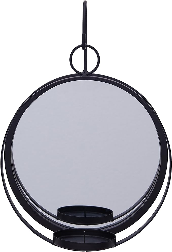 Round Wrought Iron Pillar Candle Sconce with Mirror – Rustic Metal Hanging Wall Candleholder