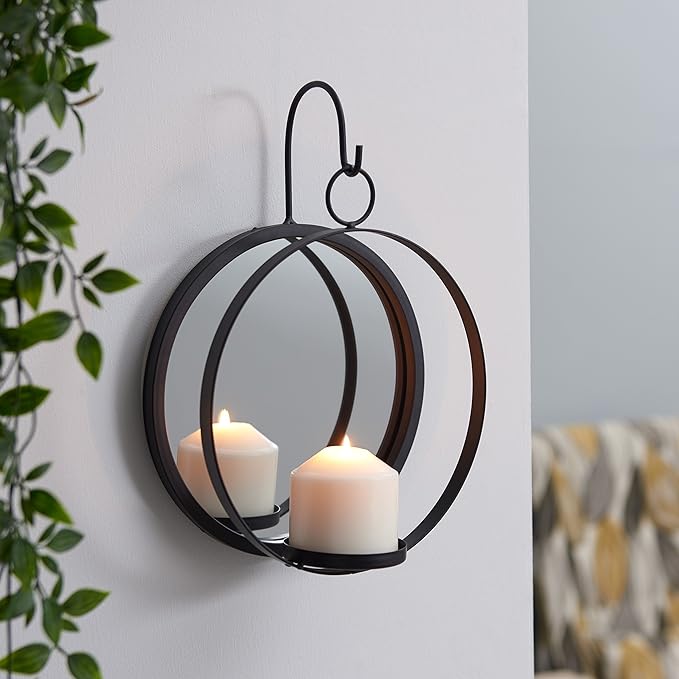 Round Wrought Iron Pillar Candle Sconce with Mirror – Rustic Metal Hanging Wall Candleholder