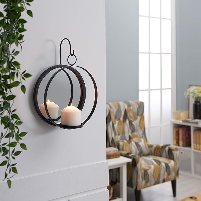 Round Wrought Iron Pillar Candle Sconce with Mirror – Rustic Metal Hanging Wall Candleholder