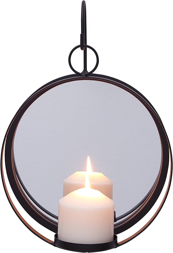 Round Wrought Iron Pillar Candle Sconce with Mirror – Rustic Metal Hanging Wall Candleholder