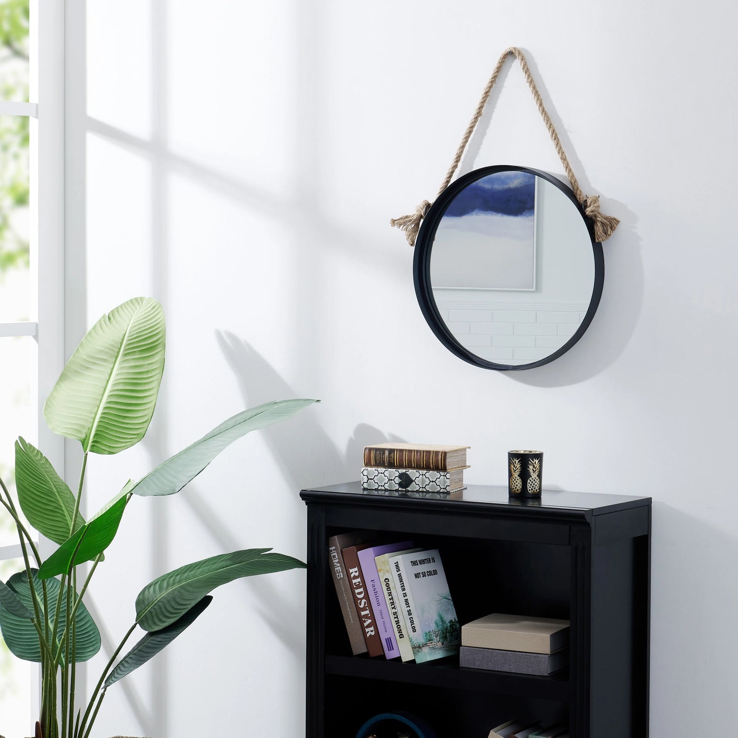 18 in Black Iron Framed Round Accent Mirror With Hanging Rope