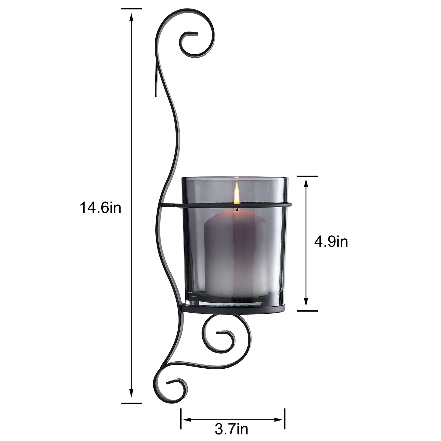 Vintage Black Wall Sconce Candle Holder Set (2) with Smoke Glass Hurricanes