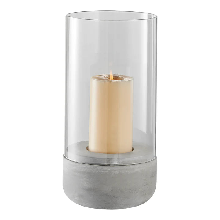 Modern Cool Gray Cement Base and Glass Pillar Candle Holder