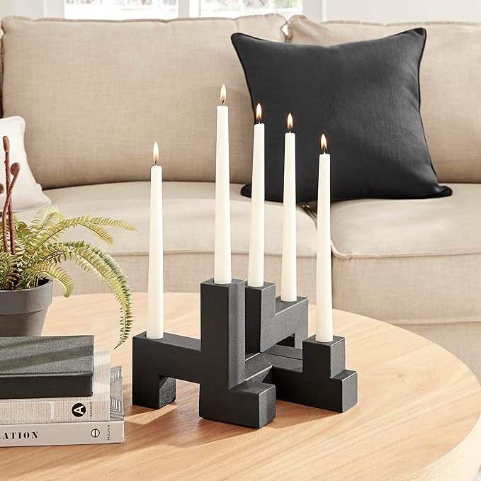 Contemporary Black Metal 2-Piece Stacking Candelabra Taper Candle Holder Set