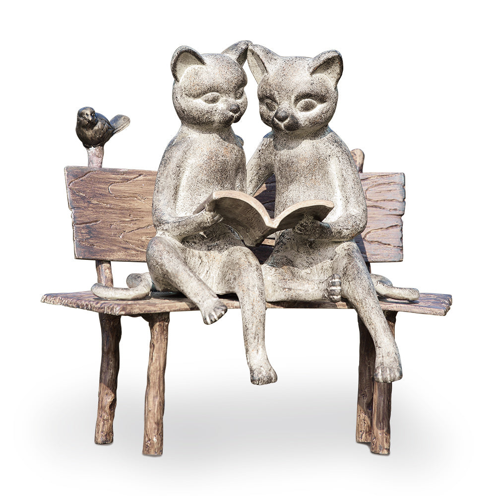 Reading Cats On Bench Garden Sculpture
