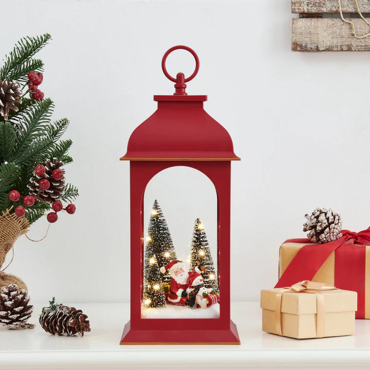 Tabletop Red Christmas Santa Winter Scene Diorama Lighted Lantern Decoration