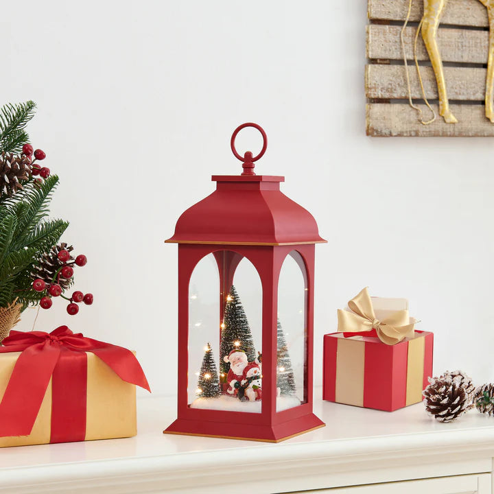 Tabletop Red Christmas Santa Winter Scene Diorama Lighted Lantern Decoration