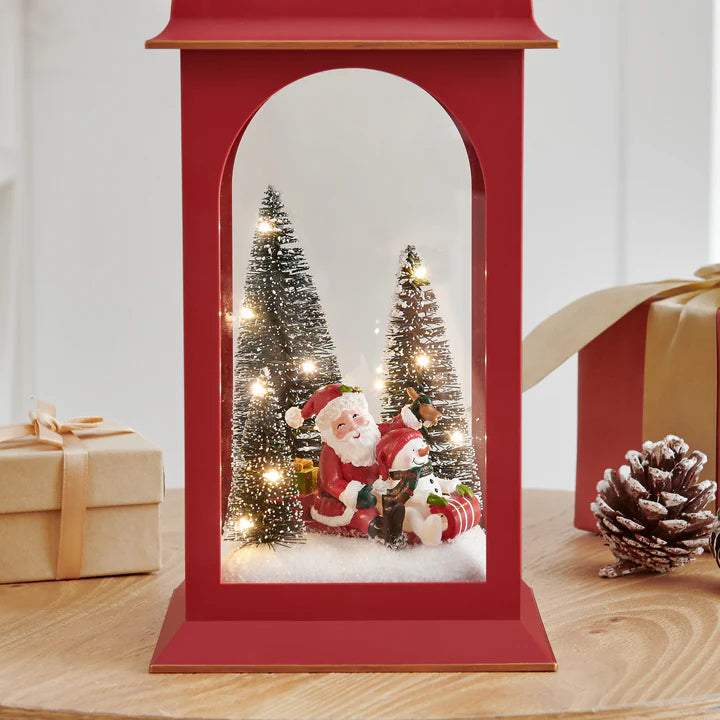 Tabletop Red Christmas Santa Winter Scene Diorama Lighted Lantern Decoration