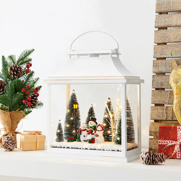 Tabletop White Christmas Holiday Winter Scene Diorama Lighted Lantern Decoration - Rectangle