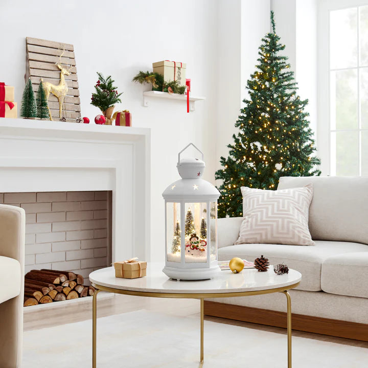 Tabletop Christmas Holiday Winter Scene Falling Snow Musical Snow Globe Diorama Lit Lantern Decoration