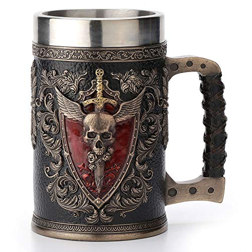 Bronze Winged Sword & Shield Skull Crest Beer Stein Stainless Steel Tumbler