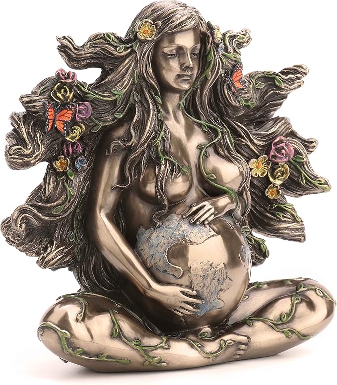 Sitting Pregnant Mother Gaia With Butterflies Bronze Finish Sculpture