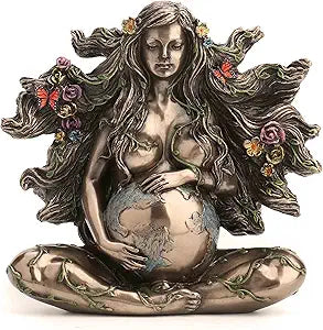 Sitting Pregnant Mother Gaia With Butterflies Bronze Finish Sculpture