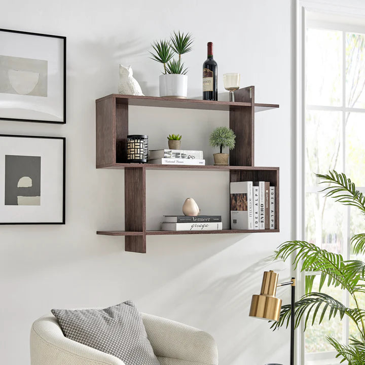 Manasa Floating Geometric Kilter Two-Tier Wall Shelf - Hickory