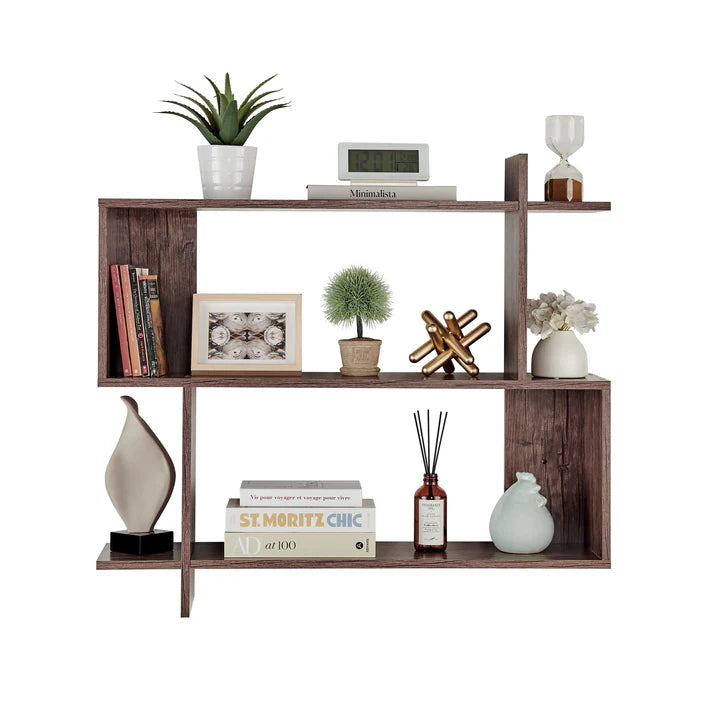 Manasa Floating Geometric Kilter Two-Tier Wall Shelf - Hickory
