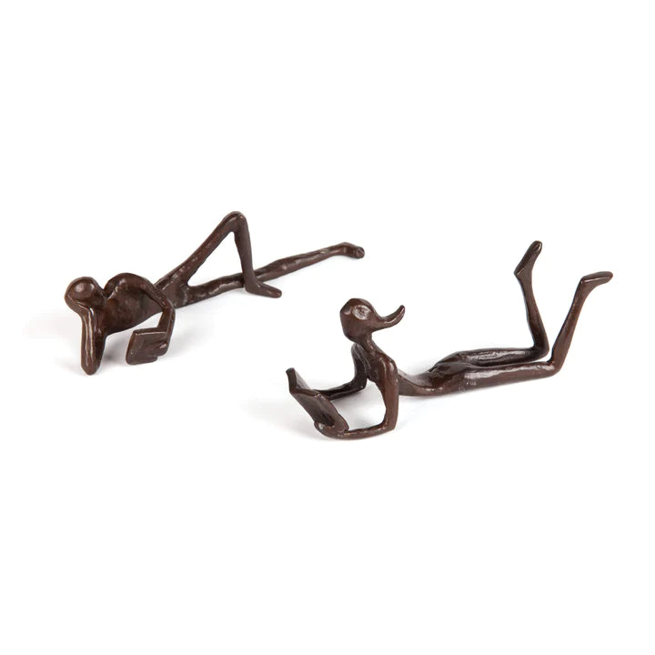 Danya B. Man and Woman Leisurely Reading a Book Bronze Sculptures – Metal Shelf Décor (2 piece set)