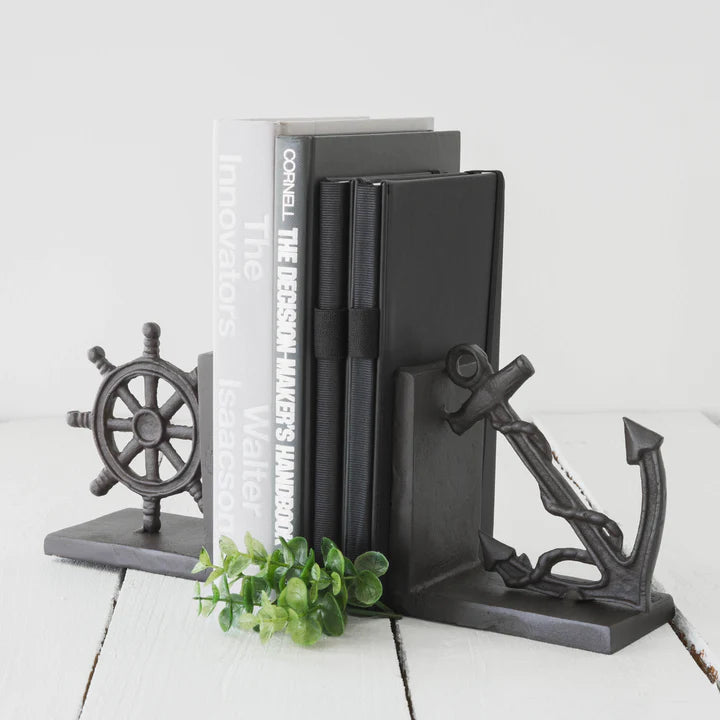 Nautical Anchor And Ship's Wheel Iron Bookend Set